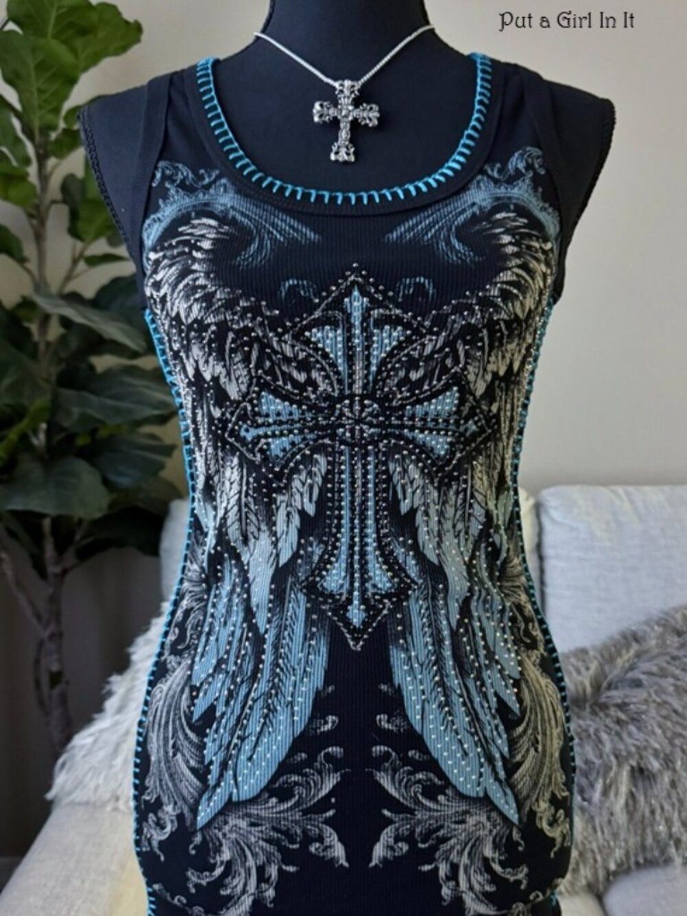 Vocal Apparel Women's Crystal Black Whipstitch Wings Cross Tank Top S M L XL